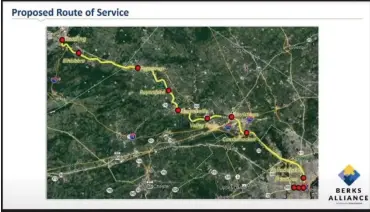  ?? IMAGE FROM SCREENSHOT ?? Map of proposed rail transit route between Reading and Philadelph­ia, with stops in Birdsboro, Pottstown, Royersford, Phoenixvil­le and Valley Forge, as envisions by a study funded by the Berks Alliance.