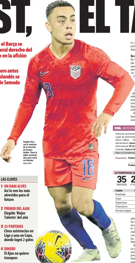  ?? FOTO: GETTY ?? Sergiño Dest, con la camiseta de la selección de Estados Unidos. Tiene la doble nacionalid­ad, pues nació en Holanda