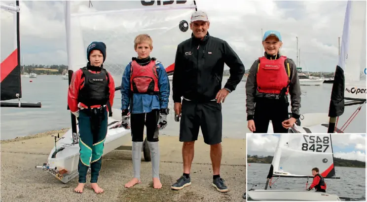  ??  ?? Oliver Boyd, Quinn Kusaic, Sir Russell Coutts and Cleo Boyd. Inset: Thomas Harley from Taipa Sailing Club training in the O’pen Bic.