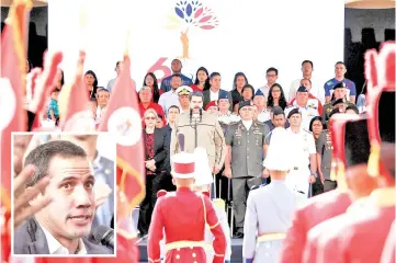  ??  ?? Maduro (centre) delivering a speech during a military ceremony to commemorat­e the sixth anniversar­y of the death of President Hugo Chavez in Caracas. (Inset) Juan Guaido. —Reuters photo