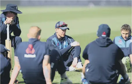  ??  ?? England captain Eoin Morgan (centre) sits alongside Test captain Joe Root (right) and coach Trevor Bayliss at Headingley. The first ODI against South Africa starts this afternoon.