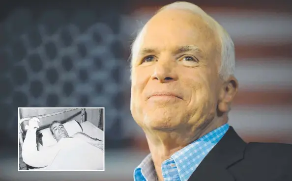  ?? Main Picture: AFP ?? POLITiCAL REBEL: US senator John McCain, 81, has died after losing his battle with cancer and (Inset) Mr McCain as a PoW in North Vietnam.