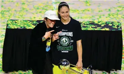  ?? Photograph: Julio Aguilar/Getty Images ?? Sue Bird poses with Megan Rapinoe after her Seattle Storm defeated the Las Vegas Aces to win the WNBA championsh­ip earlier this month.