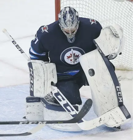  ?? KEVIN KING ?? Winnipeg Jets goaltender Connor Hellebuyck was at the centre of a controvers­ial goaltender interferen­ce call in Thursday night’s loss to the Vegas Golden Knights, a call Winnipeg coach Paul Maurice and several Jets players still believe the league got...