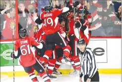  ?? Canadian Press photo ?? Ottawa Senators centre Jean-Gabriel Pageau (44) celebrates his game-winning goal during the second overtime period in game two of a second-round NHL hockey Stanley Cup playoff series against New York Rangers in Ottawa on Saturday.