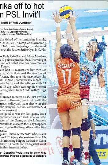  ??  ?? Fiola Ceballos of Generika-Ayala tries to deny Nica Gulliman of Marinerang Pilipina a point in yesterday’s opener.