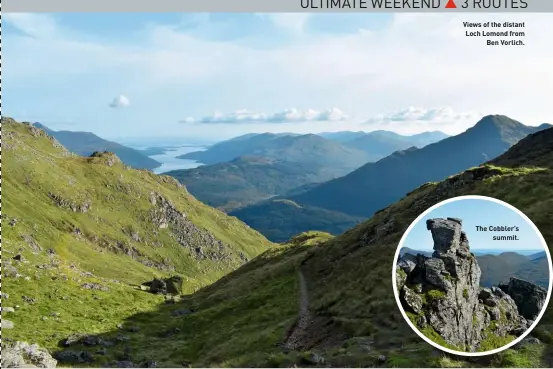  ??  ?? Views of the distant Loch Lomond from Ben Vorlich.
The Cobbler’s summit.