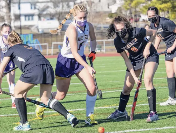  ?? James Franco / Special to the Times Union ?? Johnstown standout Taryn Ringer, who had 44 goals last season, splits two Bethlehem defenders during their game at Knox Field on Monday.