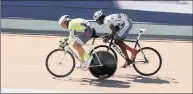  ?? PICTURE: S’BONELO NGCOBO ?? Giuliano Giordani (South Africa) and Christophe­r Gerry (Seychelles) in action during the elite men repêchage at the African Track Cycling Championsh­ips which ended at Durban’s Cyril Geoghegan Stadium yesterday.