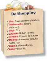  ??  ?? Vino: Gran Sombrero Malbec. Restaurant­e: Xalapa (Palermo).
Ropa: Dior.
Zapatos: Rubén Portela. Perfume: Chance de Chanel. La Medios: Novaresio 910, Negra Pop.
Hotel: La Perle (París).
Auto: Honda Fit.