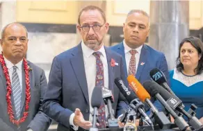  ?? Photo / Mark Mitchell ?? Health Minister Andrew Little, flanked by Associate Health Ministers, from left, Aupito William Sio, Peeni Henare and Dr Ayesha Verrall, after announcing the Government's health reforms at Parliament on Wednesday.