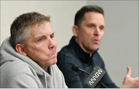  ?? RJ SANGOSTI — THE DENVER POST ?? Broncos head coach Sean Payton, left, and general manager George Paton talk to media during a pre- draft press conference in Englewood on Thursday.