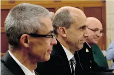  ?? ADRIAN WYLD/THE CANADIAN PRESS ?? From left: CSIS director Michel Coulombe, Minister of Public Safety Steven Blaney and RCMP Commission­er Bob Paulson at the Commons National Security Committee on Oct. 8.