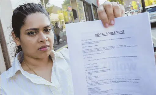  ?? STAFF PHOTOS BY NICOLAUS CZARNECKI ?? ‘FRUSTRATED’: Paromita Poddar, who recently moved to Massachuse­tts for work from New Jersey, holds a copy of her phony apartment rental agreement, above and below left.