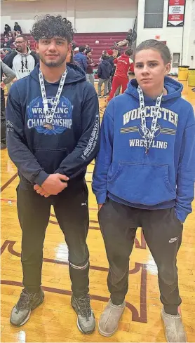  ?? SUBMITTED ?? Worcester Tech’s Omid Sabr (fourth place, 150 pounds), left, and Aaliyah River (third place, 120 pounds) pose with their medals after Saturday’s Division 2 state wrestling championsh­ips at Algonquin Regional.