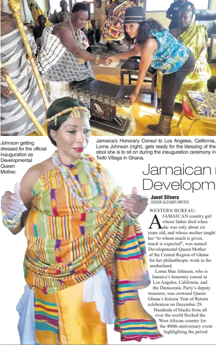  ??  ?? Johnson getting dressed for the official inaugurati­on as Developmen­tal Queen Mother.
Jamaica’s Honorary Consul to Los Angeles, California, Lorna Johnson (right), gets ready for the blessing of the stool she is to sit on during the inaugurati­on ceremony in Twifo Village in Ghana.