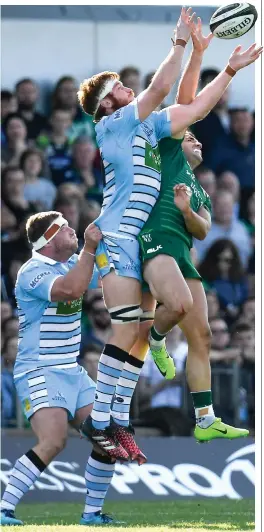  ??  ?? Making the leap: Cian Kelleher and Rob Harley go for a high ball