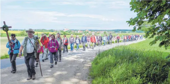  ?? FOTO: PRIVAT ?? Egon Oehler (vorne) führt die Pilger bei der spirituell­en Wanderung am Mittwoch, 15. August, von Untereggat­sweiler nach Friedberg an.