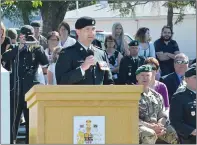  ?? NEWS PHOTO TIM KALINOWSKI ?? Lt. Col. Mike Onieu addresses his troops and assembled guests as he formally takes command at CFB Suffield for the next two years.