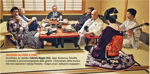  ??  ?? INDOVINA CHI VIENE A CENA Da sinistra, la «guida» Fabrizio Biggio (42), Lippi, Buzzanca, Panatta e Vianello a cena accompagna­ti dalle geishe. «Suonavano della musica che non capivamo» spiega Panatta. «Dopo un po’ volevamo scappare».