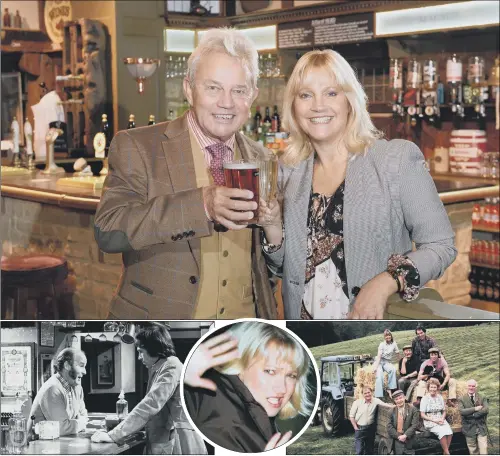  ?? MAIN PICTURE: BRUCE ROLLINSON. ?? MILESTONE MOMENTS: Frazer Hines and Malandra Burrows toast Emmerdale’s 45th anniversar­y; Ronald Magill as Amos Brearly and Andrew Burt as Jack Sugden in Emmerdale’s first episode in 1972; Malandra playing Kathy Glover moments before becoming the victim of a hit and run in 1998; the cast of the soap opera in the 1970s.