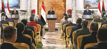  ?? AFP ?? Egyptian President Al Sissi (centre), Libyan commander Haftar (right) and the Libyan Parliament speaker Aguila Saleh at the joint press conference in Cairo.