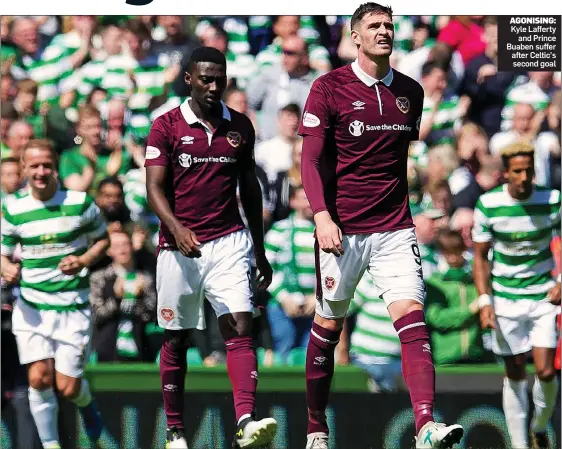  ??  ?? AGONISING: Kyle Lafferty and Prince Buaben suffer after Celtic’s second goal