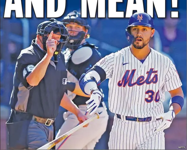  ?? GETTY ?? Ump directs Michael Conforto to first, forcing in winning run in 9th inning of 3-2 victory and infuriatin­g Marlins, who say Conforto leaned into pitch.