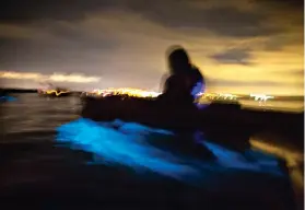  ?? Patrick Connolly/Orlando Sentinel/TNS ?? ■ A long-exposure photo shows the biolumines­cent blue glow of dinoflagel­lates beneath kayaks Sept. 11, 2018, outside of Titusville, Fla.