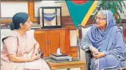  ?? PTI ?? n External affairs minister Sushma Swaraj with Bangladesh Prime Minister Sheikh Hasina at a meeting in Dhaka on Sunday.