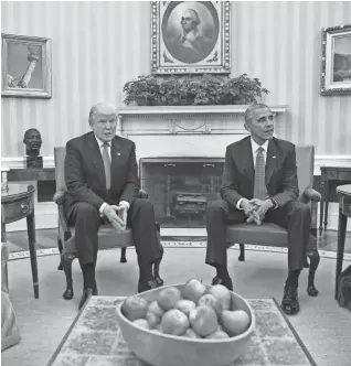  ?? ASSOCIATED PRESS ?? President Barack Obama meets with President-elect Donald Trump in the Oval Office of the White House on Nov. 10.