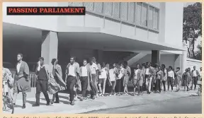  ??  ?? Students of the University of the West Indies (UWI), as they march past Gordon House, on Duke Street, on Wednesday, October 16, 1968, to protest the Government’s action to ban Dr Walter Rodney, a history lecturer at the UWI, from the island.