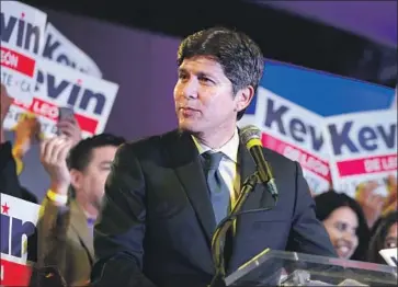  ?? Reed Saxon Associated Press ?? STATE Sen. Kevin de León began his fight for fellow Democrat Dianne Feinstein’s U.S. Senate seat with criticism that she was too soft on President Trump, but ultimately benefited from Trump supporters’ ire at her.