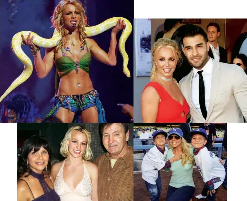  ??  ?? Arriba a la izquierda, Britney Spears cantando I´m a Slave 4 U en los MTV Video Music Awards de 2001. A la dcha., en julio de 2019, acudiendo con su actual pareja, Sam Asghari, al estreno en Los Ángeles de Èrase una vez… en Hollywood. Debajo, en 2006 junto a sus padres, Lynne y Jamie; y en una foto de 2013 con sus hijos Jayden James y Sean Preston.