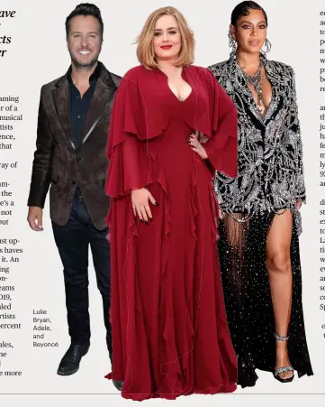  ??  ?? Luke Bryan, Adele, and Beyoncé