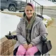  ??  ?? West Mifflin’s Becca McKim Barrett, who was an active student when she attended Bishop Canevin High School, is grateful that students there helped raise money for her electric wheelchair and medical expenses.