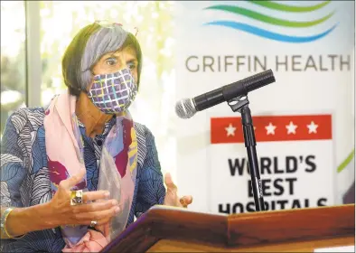  ?? Ned Gerard / Hearst Connecticu­t Media ?? U.S. Rep. Rosa DeLauro speaks at Griffin Hospital’s Center for Cancer Care in Derby on Tuesday.