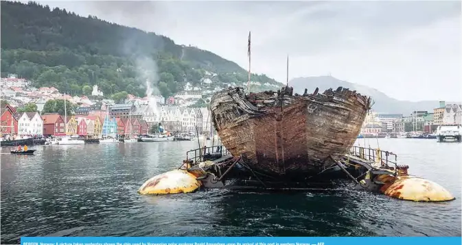  ?? — AFP ?? BERGEN, Norway: A picture taken yesterday shows the ship used by Norwegian polar explorer Roald Amundsen upon its arrival at this port in western Norway.