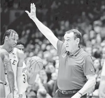  ?? ROB KINNAN/ USA TODAY SPORTS ?? Duke head coach Mike Krzyzewski directs his team during the second half against North Carolina on Saturday in his last game at Cameron Indoor Stadium.