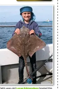  ??  ?? Eight-year-old Lucas Edmondson boated this thornback ray during a boat trip aboard Jenson, skippered by Anthony Parry, operating out of Rhyl, in Denbighshi­re.