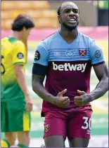  ??  ?? AWESOME: Antonio helped himself to four goals as he proved the Hammer of Norwich