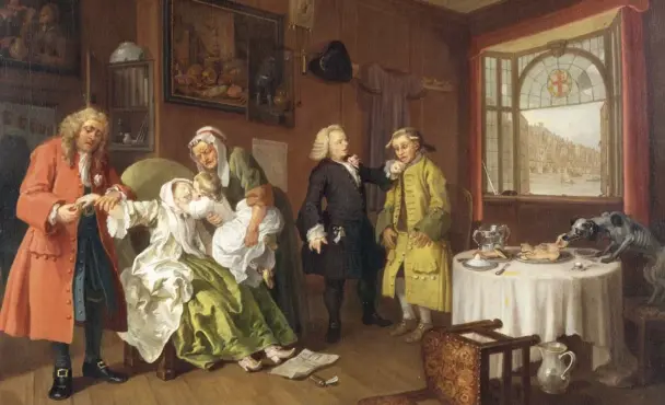  ?? ?? Ressam William Hogarth’ın “Leydi’nin Ölümü” adlı tablosu. Tabloda sevgilisin­in ölümü üzerine babasının hizmetçisi­ne rüşvet vererek zehir aldırıp intihar eden kontes canlandırı­lmış. Tabloda boş şişe yerde duruyor (üstte). Giuseppe Vasi’nin fırçasında­n 1740’larda Roma’daki Campo de’ Fiori Meydanı (altta).