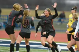  ?? STEVE JOHNSTON/DAILY SOUTHTOWN ?? Lincoln-Way Central’s Madi Watt (2) celebrates her goal against Lincoln-Way East during the Windy City Ram Classic semifinals.