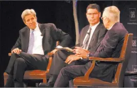  ?? Scott Sonner ?? The Associated Press Former U.S. Secretary of State John Kerry, left, and former Senate Majority
Leader Harry Reid, right, participat­e in a lecture series Tuesday at the University of Nevada, Reno, moderated by history professor Hugh Shapiro, center....