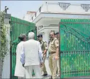  ?? SAKIB ALI/ HT PHOTO ?? Police come out of the residence of IPS officer Sanjeev Tyagi, whose father was shot dead on Thursday.