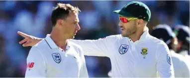  ?? BACKPAGEPI­X ?? ON THE BRINK: Proteas captain Faf du Plessis, right, believes that pace spearhead Dale Steyn still possesses that X-factor magic needed to take plenty of wickets playing Test cricket on the sub-continent.