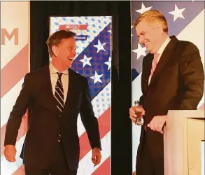  ?? Dan Haar / Hearst Connecticu­t Media file photo ?? Ned Lamont, left, and Bob Stefanowsk­i share a laugh before their final debate at Foxwoods Resort Casino on Oct. 30, 2018