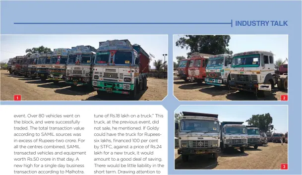  ??  ?? 1 ⇨ xx ⇧ 1. Tata 3116 series goods carrier trucks up for auction.
2. Tata tractor trailers.
3. Tata 2518 tippers. 2 3