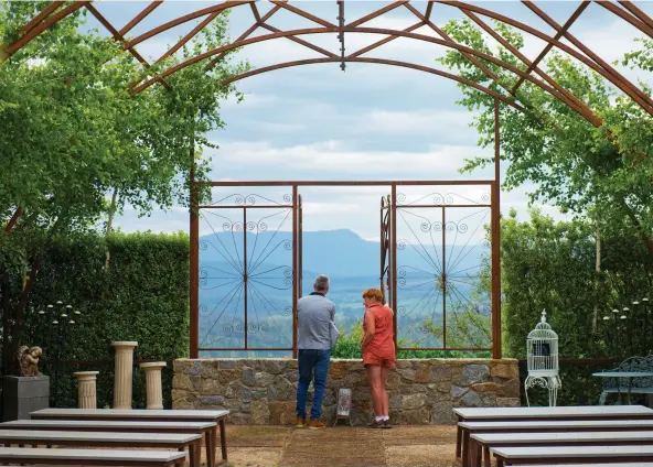  ??  ?? Writer Craig Sheather talks with Chris Brayne in her extraordin­ary tree church at Braymont Gardens, near Tumbarumba.