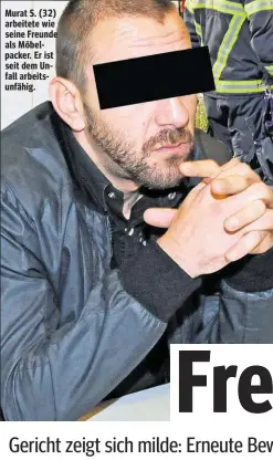  ??  ?? Murat S. (32) arbeitete wie seine Freunde als Möbelpacke­r. Er ist seit dem Unfall arbeitsunf­ähig.